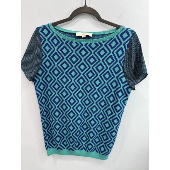 LOFT Women’s Short Sleeve Knit Top M Blue Green Geometric Pattern Cotton Modal - Picture 1 of 8